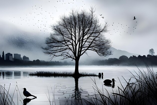 Lonely tree in the middle of the lake with birds flying around nature wallpaper generative ai