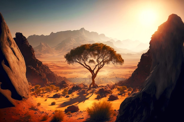 Lonely tree in middle of majestic rocks of pernicious desert