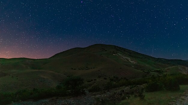 夜の山の斜面に孤独な木