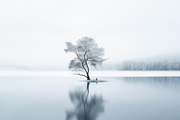 写真 霧の中の湖の上の孤独な木 冬景色