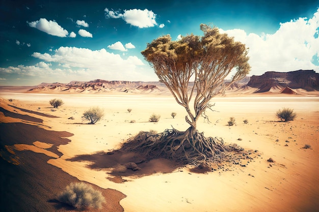 Lonely tree and rare plants in vast expanses of desert