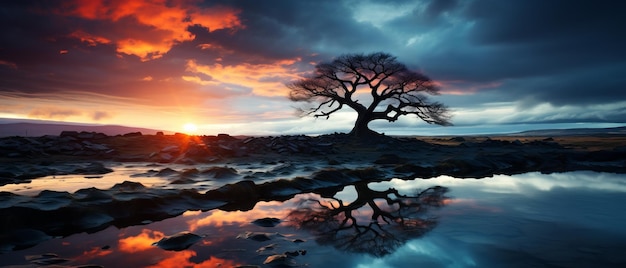 Lonely Tree in a Rocky Field at Sunset