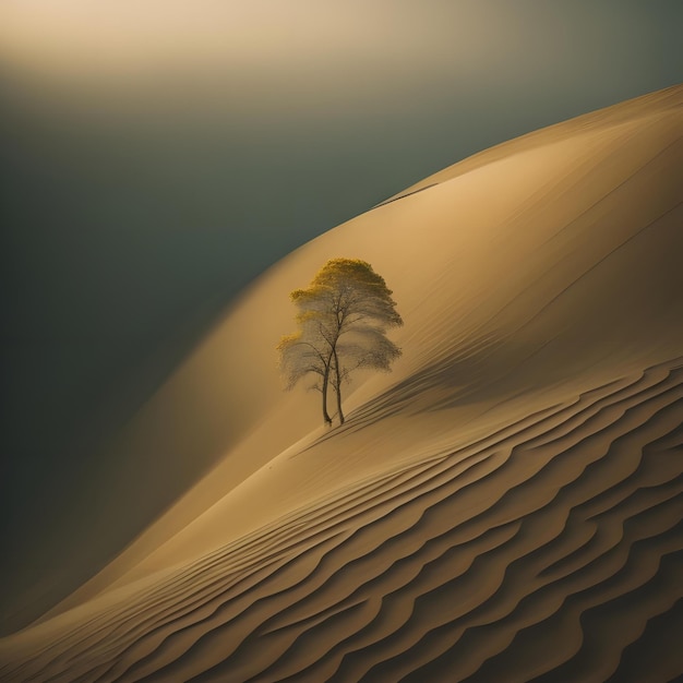 A lonely tree in the sand dunes of the Sahara desert generative ai