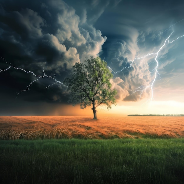 A lonely tree stands in a field of wheat as a storm approaches