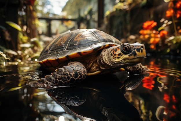 Lonely turtle in the tropical rainforest at dusk generative IA