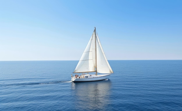 A lonely white sailing yacht in a calm blue sea