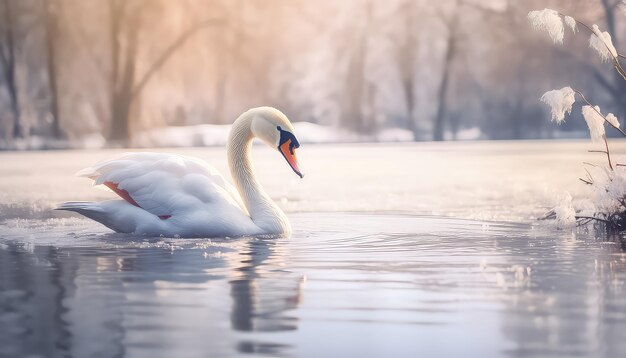 Lonely white swan in the lake in winter