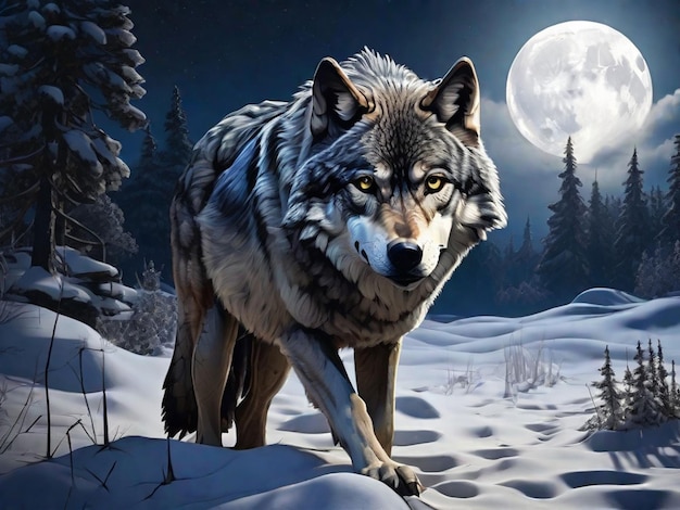 雪の夜の孤独な狼