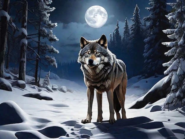 a lonely wolf in a snowy night