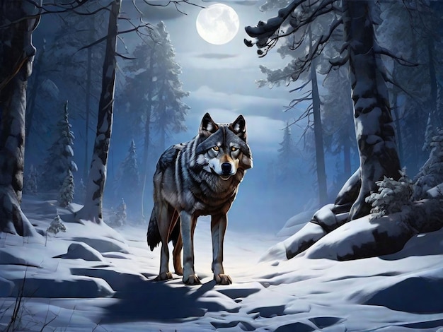 a lonely wolf in a snowy night