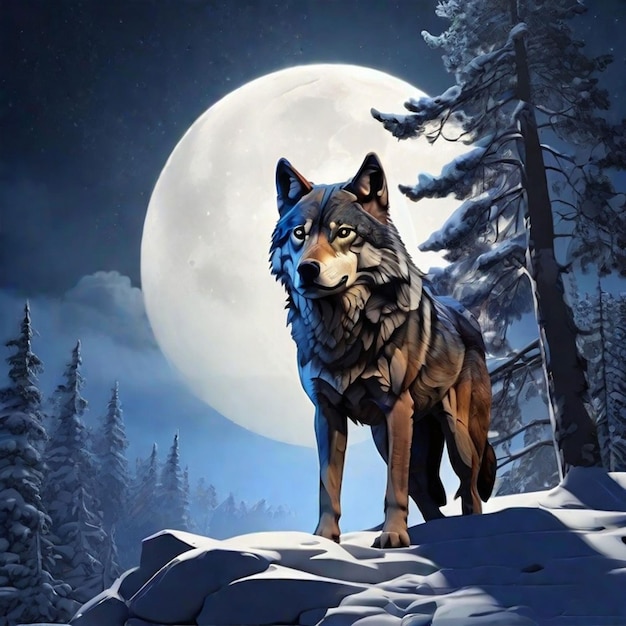 a lonely wolf in a snowy night