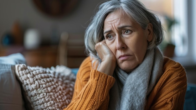 Foto donna solitaria di cinquant'anni che lotta con la salute e le emozioni