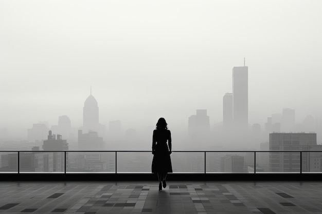 A lonely woman in a foggy gray city