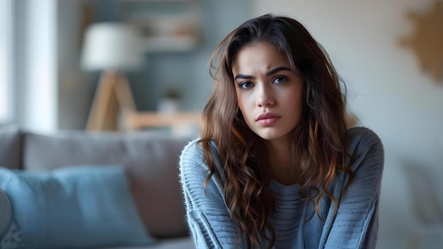 Photo lonely woman in living room contemplating relationships and personal issues feeling upset concept loneliness contemplation relationships personal issues upset