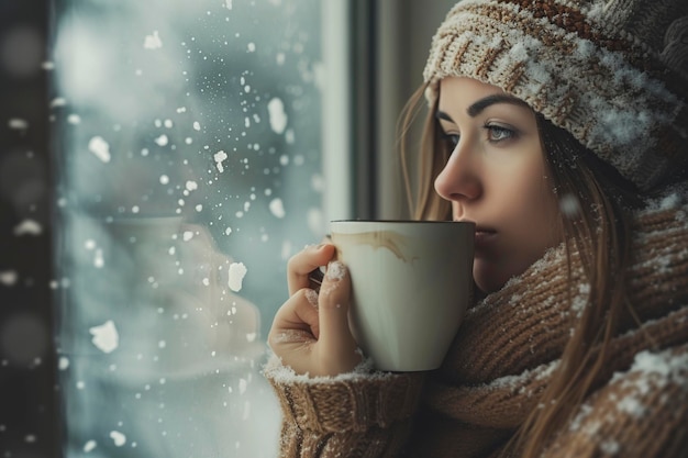 Photo lonely woman looking out the window having a cup of tea