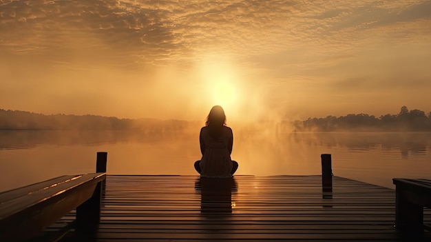 Lonely woman on pier at sunset with space Rising sun over foggy lake Independence