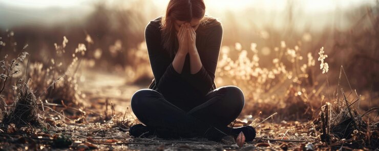 Lonely woman sitting in a deserted place hands clasped