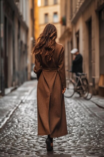 Lonely woman wearing long brown fancy coat Autumn casual fashion street style Back view