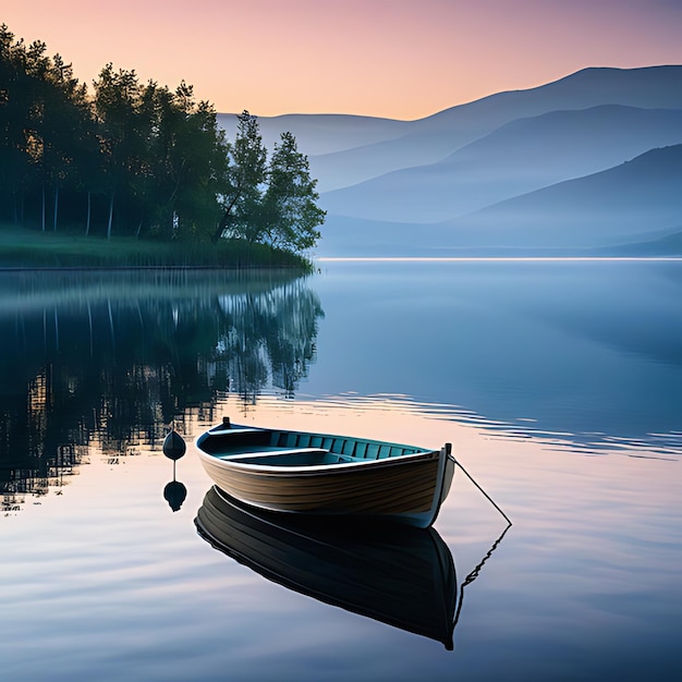 Lonely wooden boat on lake with reflections in water at dawn