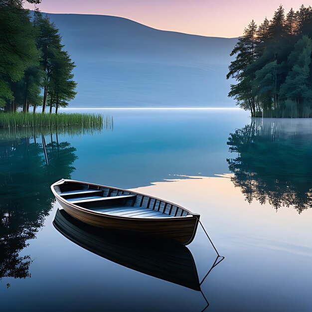 Lonely wooden boat on lake with reflections in water at dawn