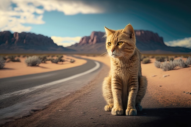 Lonely Yellow Tabby Cat Walking on the Road