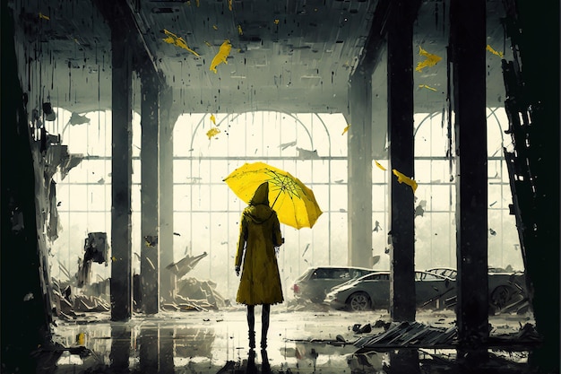 A lonely young girl holding a yellow umbrella standing in an abandoned building on a rainy day digital art style illustration painting fantasy illustration of a woman with yellow umbrella