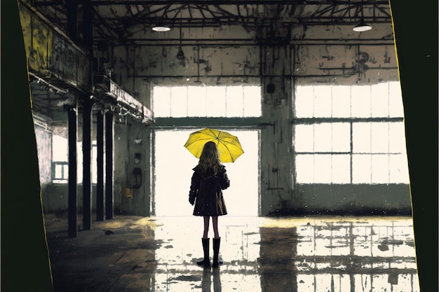 A lonely young girl holding a yellow umbrella standing in an abandoned building on a rainy day digital art style illustration painting fantasy illustration of a woman with yellow umbrella