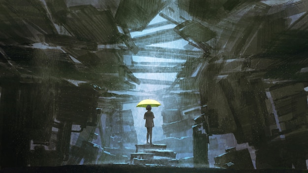 Одинокая молодая девушка, держащая желтый зонтик, стоящая в заброшенном здании в дождливый день, стиль цифрового искусства, живопись иллюстрация