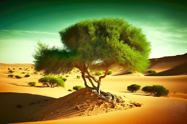 Lonely young thin tree in sand dunes of desert