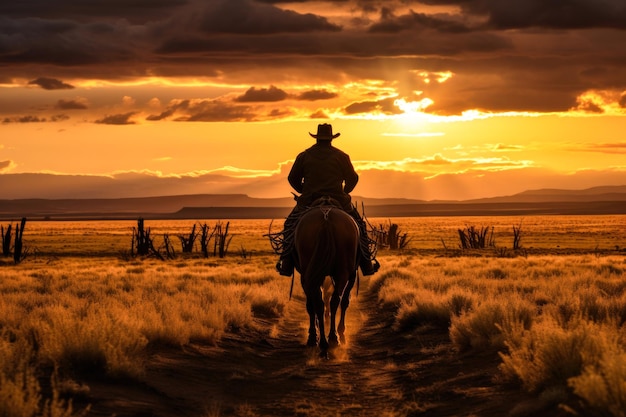 lonesome gaucho and his horse riding into the sunset