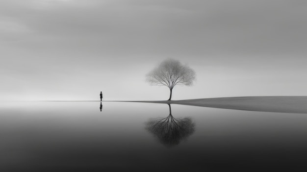 Lonesome Reflections Futuristisch minimalisme in een dromerig zwart-wit landschap