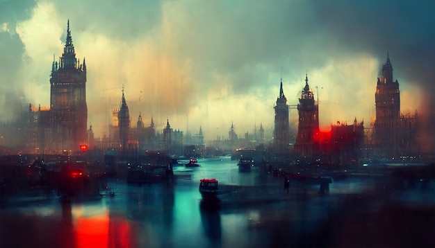 Lonfon cityscape night street buildings cloudy sky