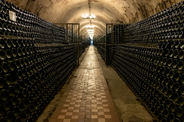오래된 와인 병이 많은 긴 골동품 지하실