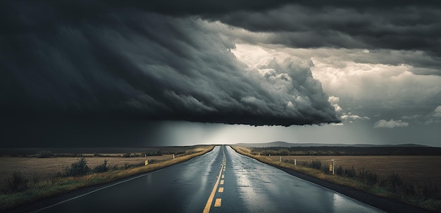 Long asphalt road under the cloudy rainy sky