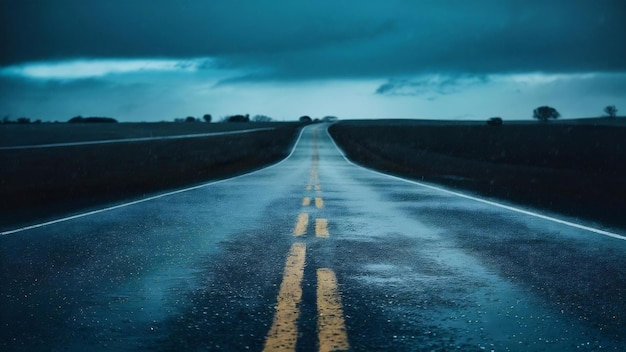 Long asphalt road under the cloudy rainy sky