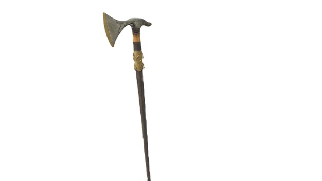 A long axe with a gold stripe on the end.