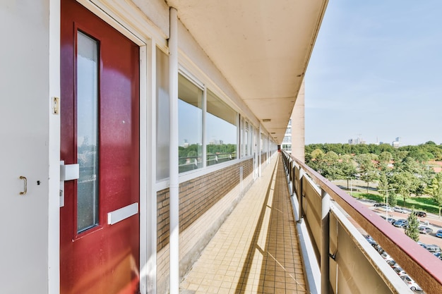 Long balcony with large windows