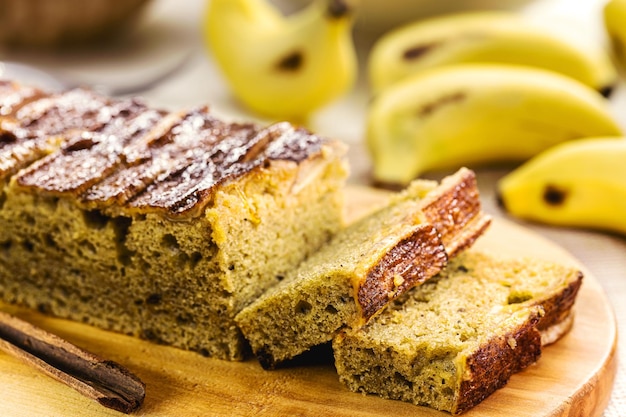 Long banana cake made with organic banana cinnamon and oatmeal sliced Brazilian homemade cake