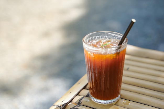 Long black coffee mixed with Lychee on nature background. iced drink menu of summer drink for relaxing day.