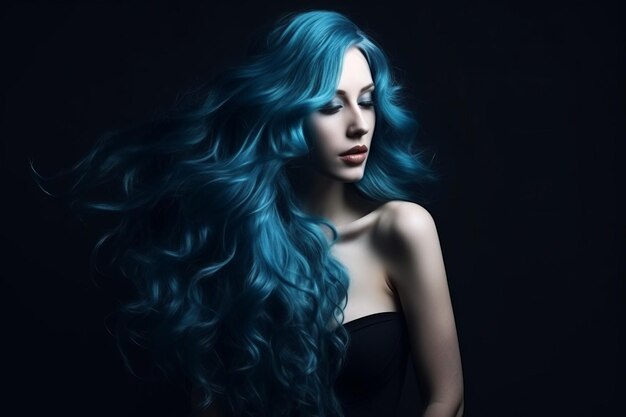 Long blue hair Beautiful woman Beautiful illustration picture Generative AI