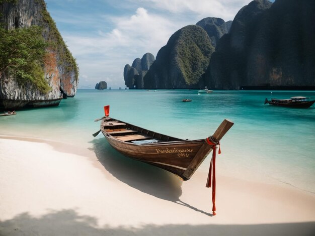 Photo long boat and blue water at maya bay in phi phi island krabi thailand