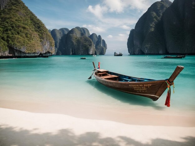 Photo long boat and blue water at maya bay in phi phi island krabi thailand