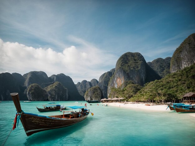 Photo long boat and blue water at maya bay in phi phi island krabi thailand