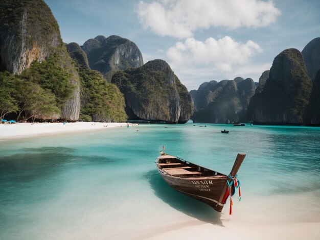 Photo long boat and blue water at maya bay in phi phi island krabi thailand