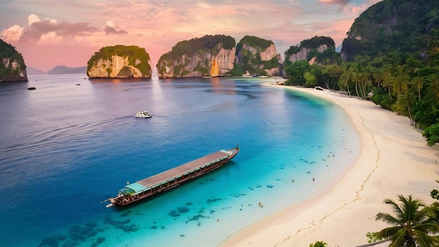 Long boat and blue water at maya bay in phi phi island krabi thailand