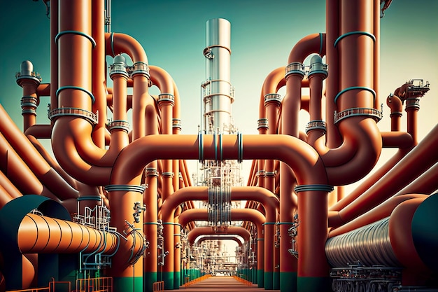 Long branched piping system at petrochemical industry factory