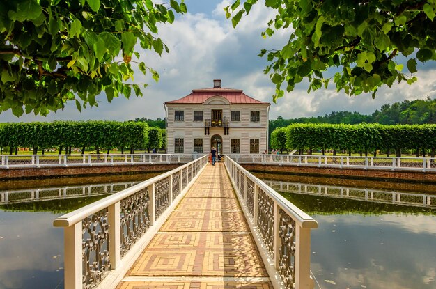 A long bridge across the pond leading to the house.