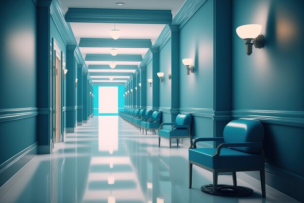 객실과 파란색 의자가 있는 길고 밝은 병원 복도