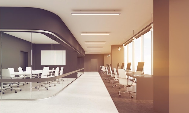 Long conference room in office with row of workstations toned