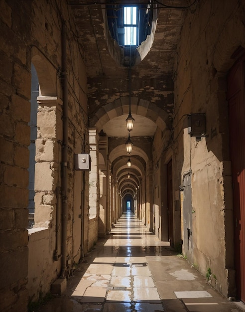 Long corridor of ancient and old prison with stone walls bars and wooden doors and windows